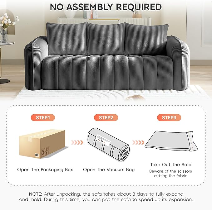 83'' Boneless Corduroy Sofa, Oversized 3 Seater Deep Seat Couch with Rounded Armrest, Modern Upholstered Cloud Sofa for Living Room, No Assembly, Grey