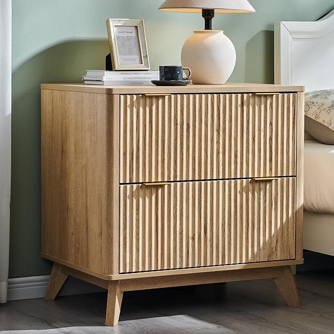 T4TREAM Modern Fluted Wood Night Stand, 30" Tall Bedside Table with 2 Drawers & Large Tabletop, Side Tables Bedroom, End Table for Living Room, Natural Oak