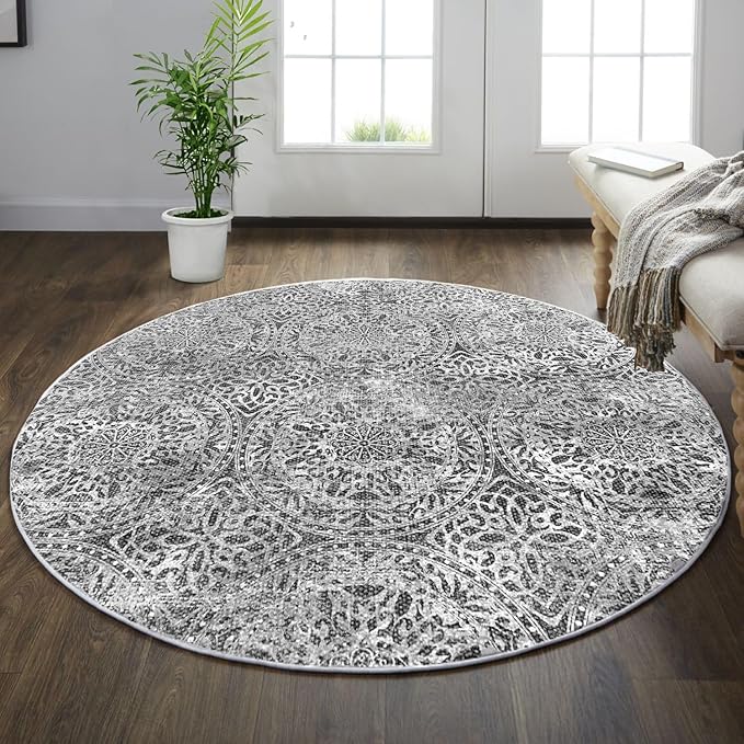vivorug Round Rug 6ft Vintage-Inspired Round Area Rug Non-Slip Indoor Carpet for Living Room Bedroom Entryway, Stain Resistant Home Decor Circle Rug, Grey Medallion