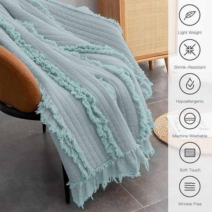 Ultra Soft Pre-Washed Warm Quilted Throw Blanket, Ruffle Fringed Blue Green Boho Decorative Throw, Stone Washed Chic Rustic Blanket for Sofa Couch Bed Chair, 50"x 60"
