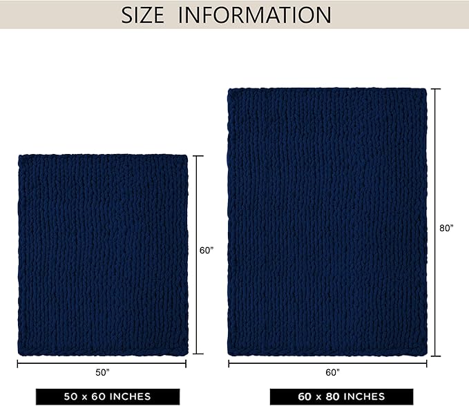 Chunky Knit Throw Blanket 50"X 60", 100% Handmade with Soft Chenille Yarn, 4.4lbs Thick Cable Knitted Blankets, Large Rope Knot Crochet Throws for Couch Sofa Bed Home Decor, Navy Blue