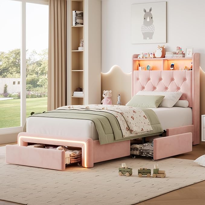 Twin LED Bed Frame with Storage Headboard & Charging Station, Velvet Fabric Platform Bed Frames with 3 Drawers, Button Tufted Upholstered, No Box Spring Needed, Pink