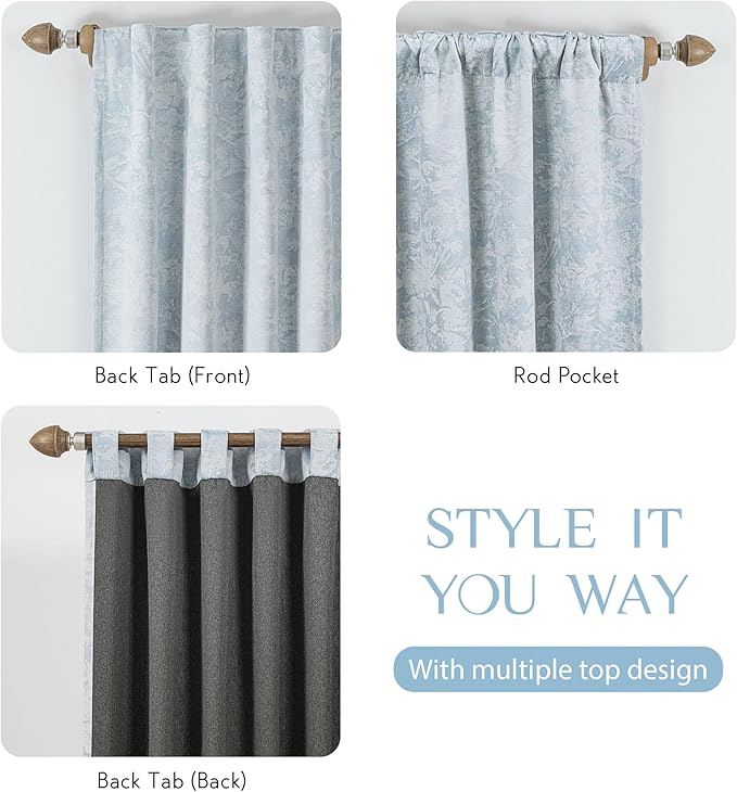 Beauoop Blue Floral Jacquard Blackout Curtains 96 Inches Long 2 Panels for Bedroom Living Room Chenille Flower Room Darkening Thermal Insulated Soundproof Rod Pocket Back Tab Window Drapes, 52x96