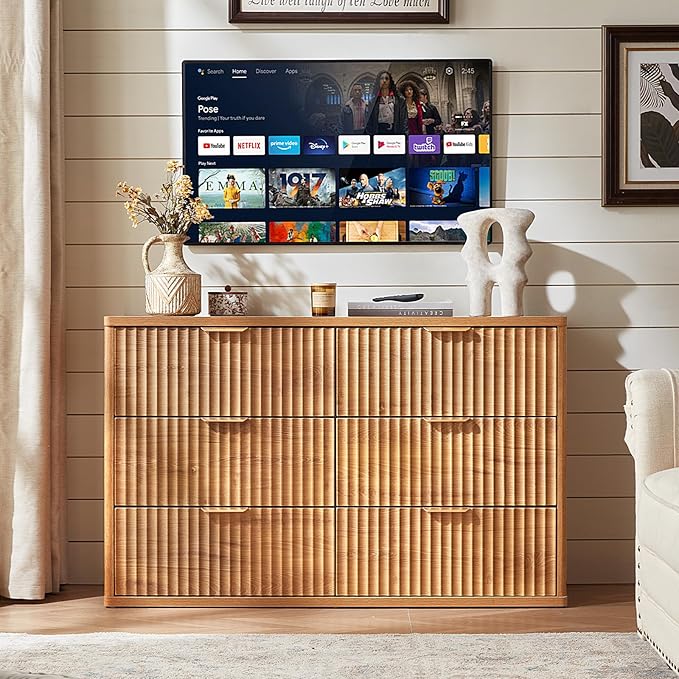 LEYAOYAO Fluted 5 Drawers Dresser Set of 2, 41" Tall Modern Chest of Drawers with Metal Handle, Curved Profile Dresser TV Stand, Wooden Drawer Organizer for Bedroom, Living Room, Hallway, Lightgrey