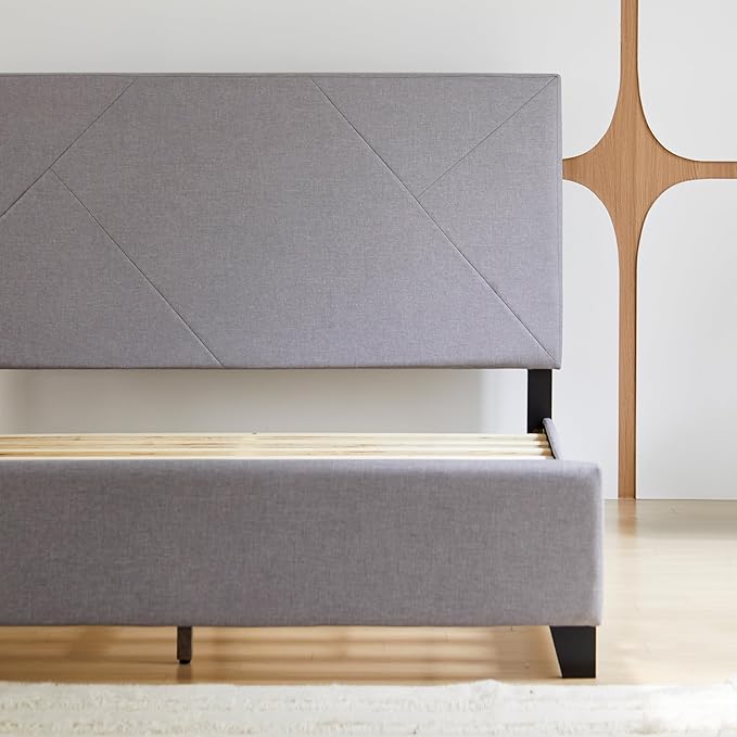 Livinia Stella Queen Size Platform Bed, Fabric Upholstered Queen Bed Frame with Height Adjustable Headboard Footboard, Strong Wood Slats, No Box Spring Needed, Gray (Queen)