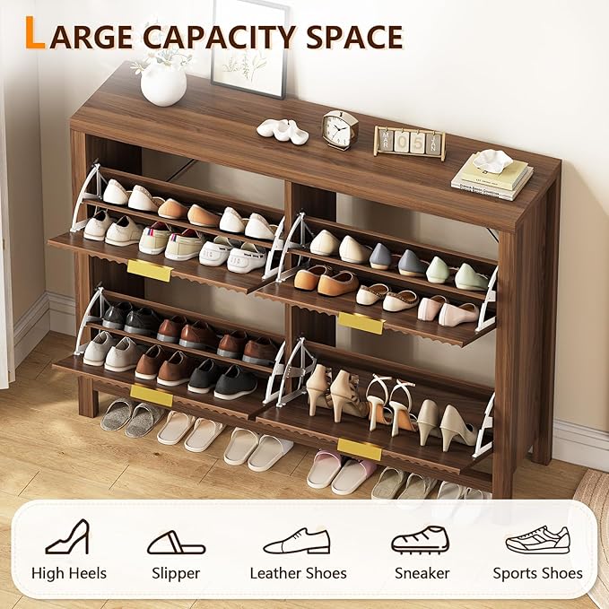 Shoe Cabinet Storage for Entryway, Fluted Shoe Cabinet with 4 Flip Drawers, Hidden Shoe Rack Freestanding Wooden Shoe Organizer with Legs for Hallway, Walnut