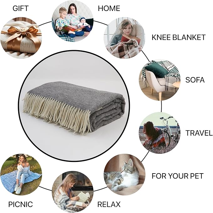 | Wool Blanket/Throw | 100% New Zealand Wool | Perfect for Home and Outdoors | Virgin Wool Throw with Fringes 75"x87" (190 x 220 cm)