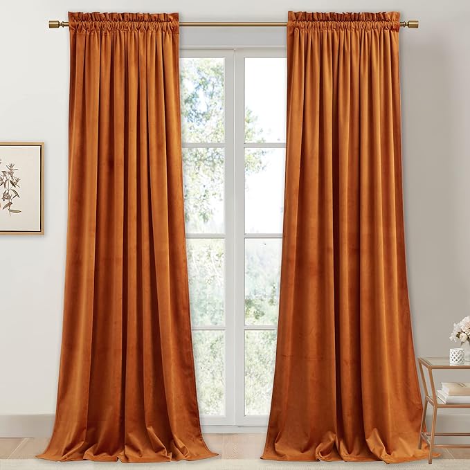 StangH Pumpkin Orange Curtains Velvet 96 inches for Living Room, Elegant Retro Home Decoration Thermal Insulated Light Blocking Sliding Door Curtains for Dining Room, W52 x L96, 2 Panels