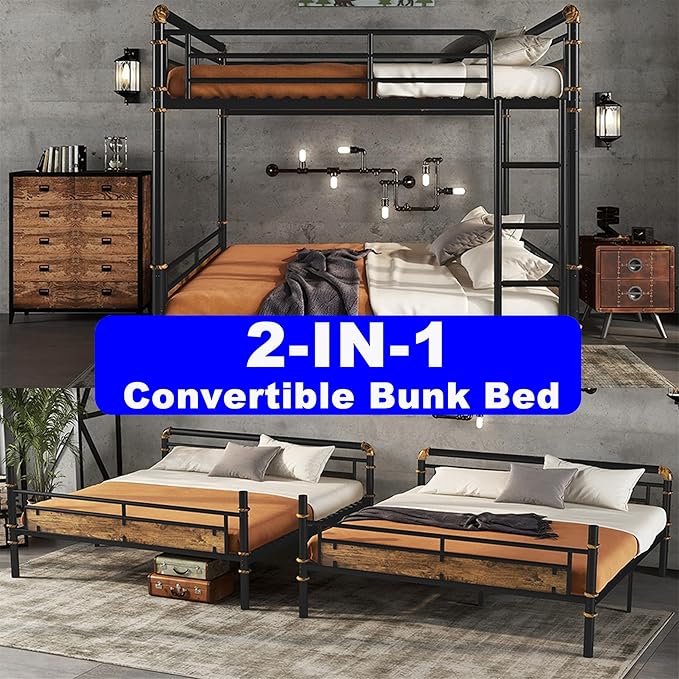 Upgraded Version Thickened Metal Heavy-Duty Queen Over Queen Bunk Bed, Best Convertible Industrial Queen Size Bunk Bed Frame with Ladder for Adults, Easy Assembly (Queen+Water Pipe)