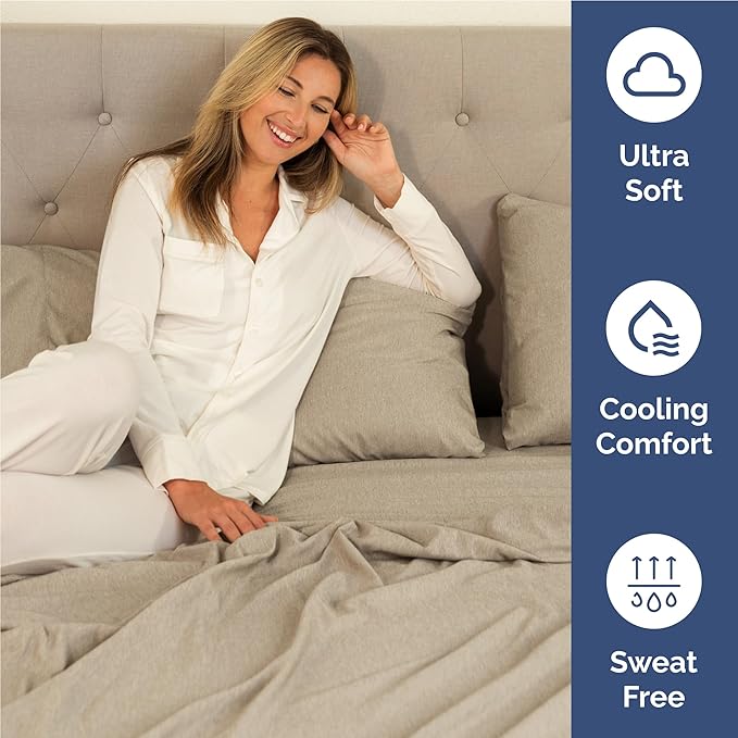 Twin XL 4 Piece Sheet Set - Cooling & Breathable - Hotel Luxury Bedding, Includes Fitted Sheet for Women, Men, Kids & Teens - 1 Flat, 1 Fitted Sheet, 2 Pillowcases w/Deep Pockets - Heathered Beige