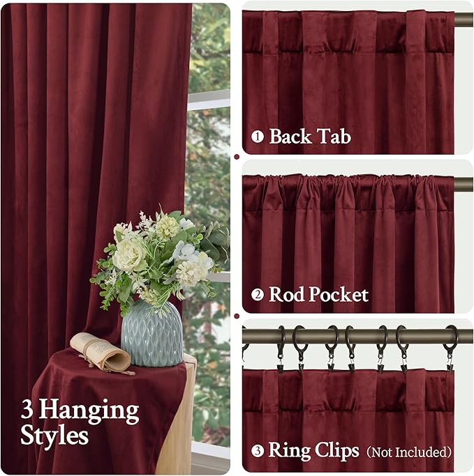 LAMIT Burgundy Red Velvet Curtains 108 Inch for Living Room, Vintage Thermal Insulated Theater Panels Room Darkening Back Tab and Rod Pocket Christmas Drapes for Bedroom, 2 Panels, 52 x 108 Inch