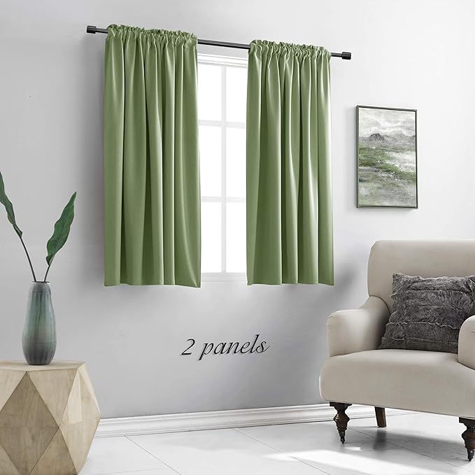 DONREN Sage Green Blackout Curtains for Kitchen - Room Darkening Curtain Drapes with Rod Pocket (42 Inch Width x 54 Inch Length,2 Panels)