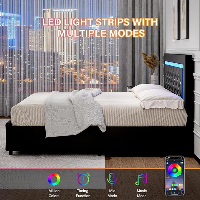 BarnFurin Twin Bed Frames with LED Lights and Storage Drawers, Upholstered Bed Frame with Diamond Headboard, Faux Leather Modern Platform Bed, Wooden Slats Support, No Box Spring Needed, Black
