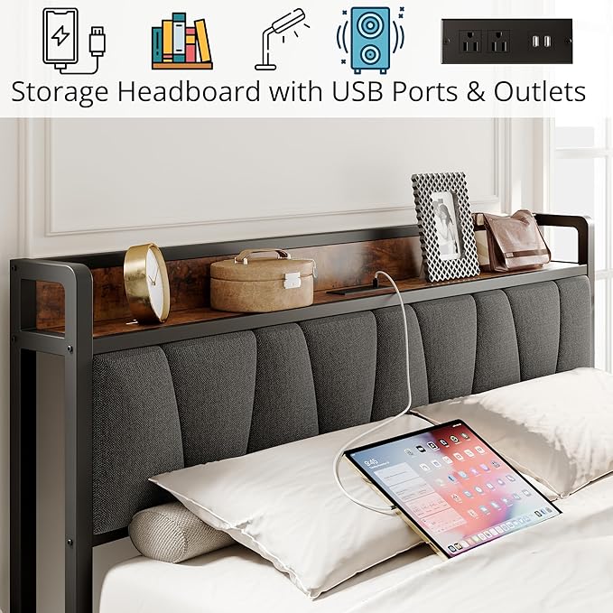 LIKIMIO Queen Bed Frame, Storage Headboard with Charging Station, Solid and Stable, Noise Free, No Box Spring Needed, Easy Assembly