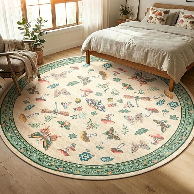 Mushroom Insect 6ft Round Rug Washable Non-Slip Soft Ultra-Thin Small Boho Circle Carpet for Entryway Kitchen Bedroom Nursery Dining Room Khaki Green