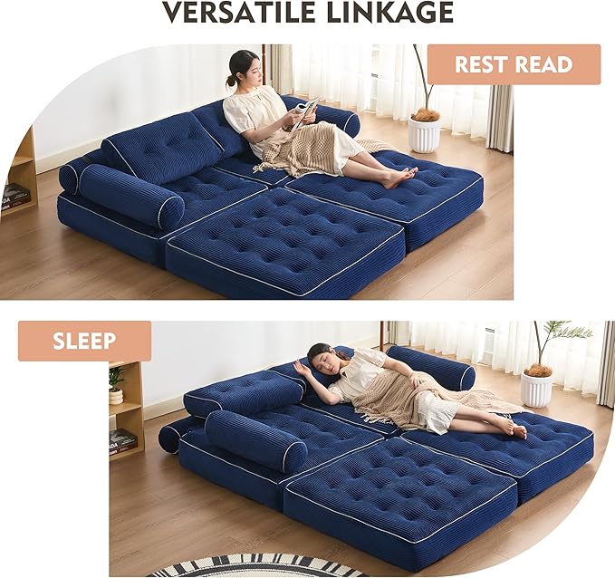 Plus Futon Sofa Bed for Small Spaces, Floor Couch with Armrest, Folding Sofa Couch, Convertible Sleeper Chair Bed with Pillow, Portable Comfy Floor Lounge for Living Room and Bedroom, Blue