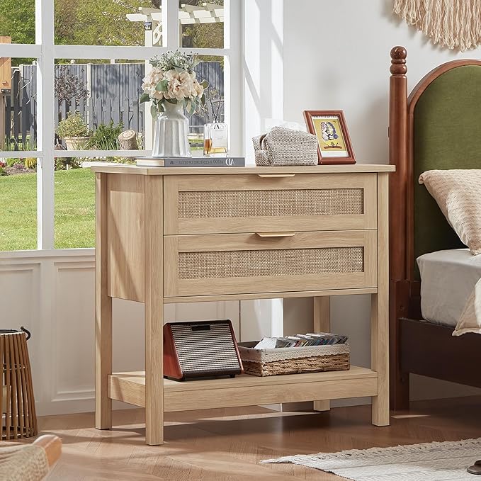 LEYAOYAO 31.5" Wide Rattan Night Stand, Oversized Large Boho Nightstand with 2 Drawer, Natural Wood Bed Side End Tables with Storage Shelf, Tall Bedside Table for Bedroom Living Room, Hallway