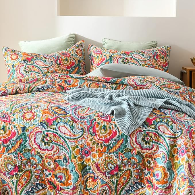 Cotton Bedspread Quilt Sets, Reversible Bedding Coverlet Sets Comforter, Gorgeous Red Floral Paisley Bedspread, Queen Size