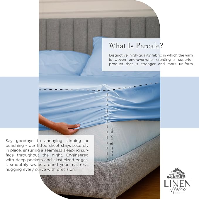 Linen Home 100% Cotton Percale Sheets King Size, Baby Blue, Deep Pocket, 4 Pieces Set - 1 Flat, 1 Deep Pocket Fitted Sheet and 2 Pillowcases, Crisp Cool and Strong Bed Linen