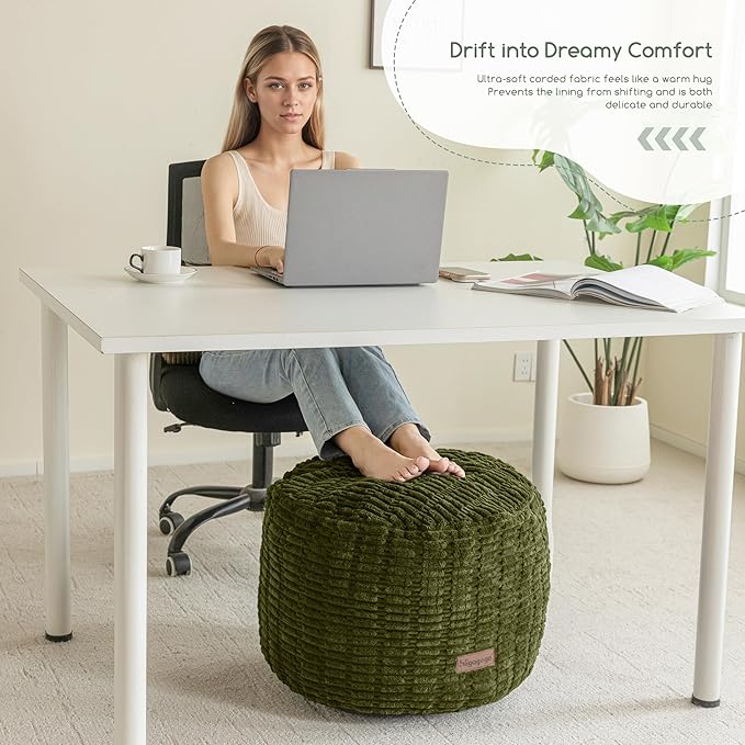 HIGOGOGO Pouf Ottoman Stuffed Round Modern Foam Filled Foot Rest Poufs for Living Room Chair Decorative 20 X 15 Inches Boho Relax Stool for Wedding Christmas Party, Green
