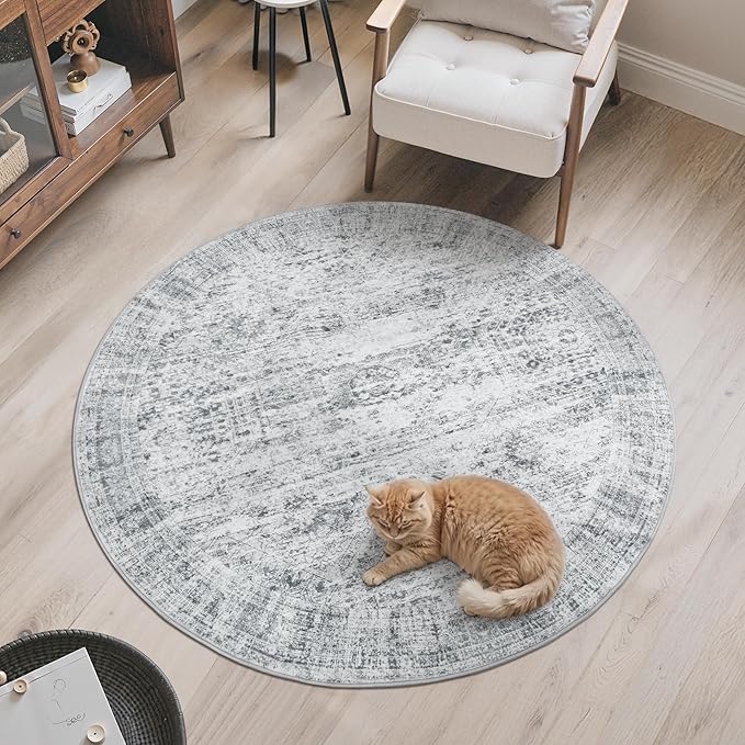 5x5 Grey Round Rug 5ft Living Room Circle Rug Vintage Gray Round Area Rug Non Slip Indoor Carpet for Entryway Dining Room Bedroom