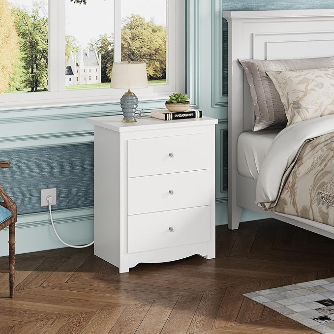 WLIVE White Nightstand with Charging Station, Wood Night Stand with 3 Drawers Storage, Tall Bedside Table End Side Tables with 2 USB Ports and Outlets for Bedroom, Closet, White