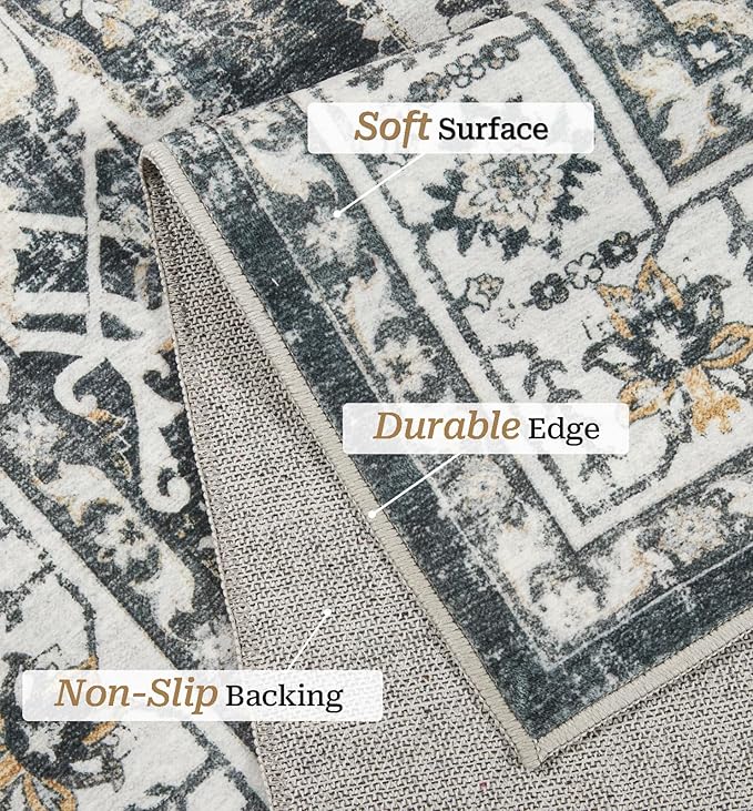 zesthome 5x7 Area Rugs, Machine Washable Rugs for Living Room, Bedroom,Stain Resistant Vintage Large Area Rug,Non-Slip Medallion Pattern Home Decor Rugs (Black,5'x7')