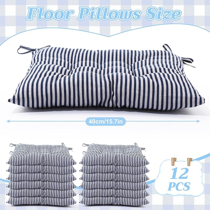 Geetery 12 Pcs Floor Pillows for Classroom Bulk Square Seating Cushions for Floor Chair School Kindergarten Reading Corner, 15.7'' Large Thick Meditation Cushions Yoga Nursery Daycare (Stripe)