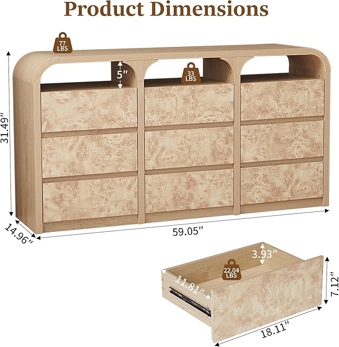 9 Drawer Dresser for Bedroom, Modern Chest of Drawers with Open Shelf, Burl Wood Long Storage Dressers for Closet, Living Room, Hallway (Natural)