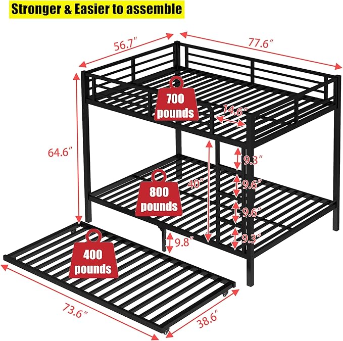 Higher Quality & Stronger Heavy Duty Metal Full Over Full Size Bunk Bed Frame with Twin Size Trundle for Adults Teens, Thickened More Stable Steel Bunkbed (Full Over Full with Trundle)