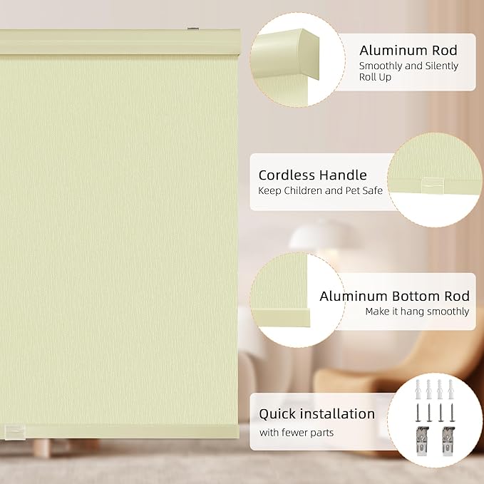 ChrisDowa Cordless Blackout Roller Shades for Windows, Striped Free-Stop Window Blinds with Privacy, Thermal Insulated Window Shades for Home, Office and Door. Beige, 56" W x 72" H