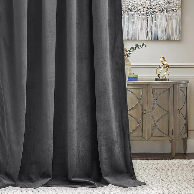 RYB Home Grey Velvet Curtains for Living Room - 84 inches Super Soft Luxury Back Tap Window Drapes Darkening Thermal Insulated Panels for Bedroom Sliding Door Dining Room, W52 x L84, 2 Pieces