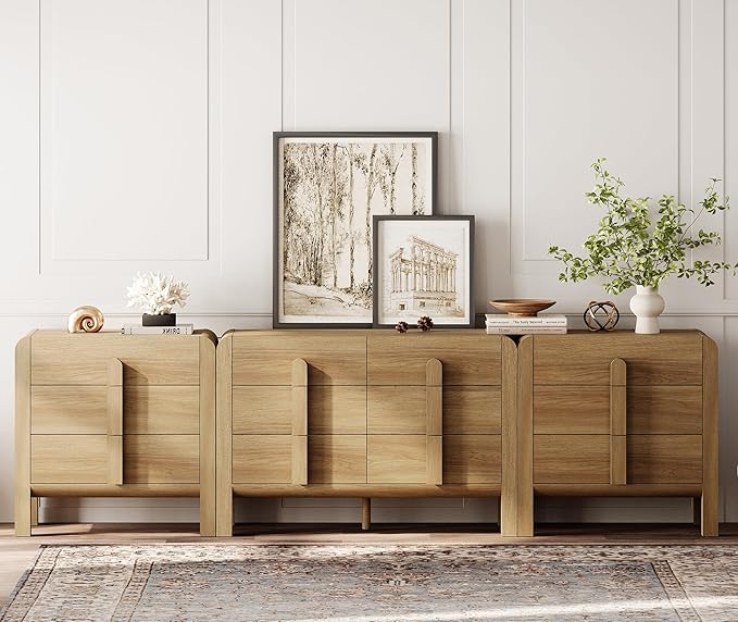 WAMPAT 3 Piece Bedroom Dresser Set, 110.2" Wide 12 Drawers Wood Dresser, Mid-Century Modern Storage Chest with Curved Handles for Bedroom, Living Room (Light Walnut)
