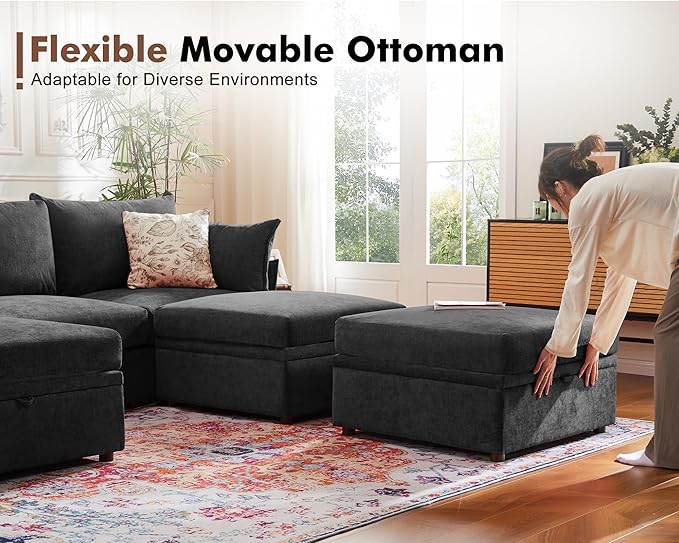 ABCASA 134.6" Oversized Modular Sectional Sofa, 6 Seater U Shaped Couch with Storage Ottoman with Reversible Chaise Deep Seat for Living Room, Apartment - Chenille Black