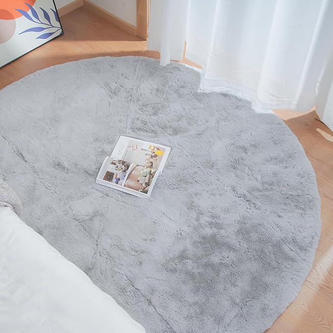 Silver Grey Round Rugs 8ft Shag Washable Area Rugs for Bedroom Faux Bunny Fur Circle Rug for Living Room Large Sheepskin Nursery Rug Home Décor