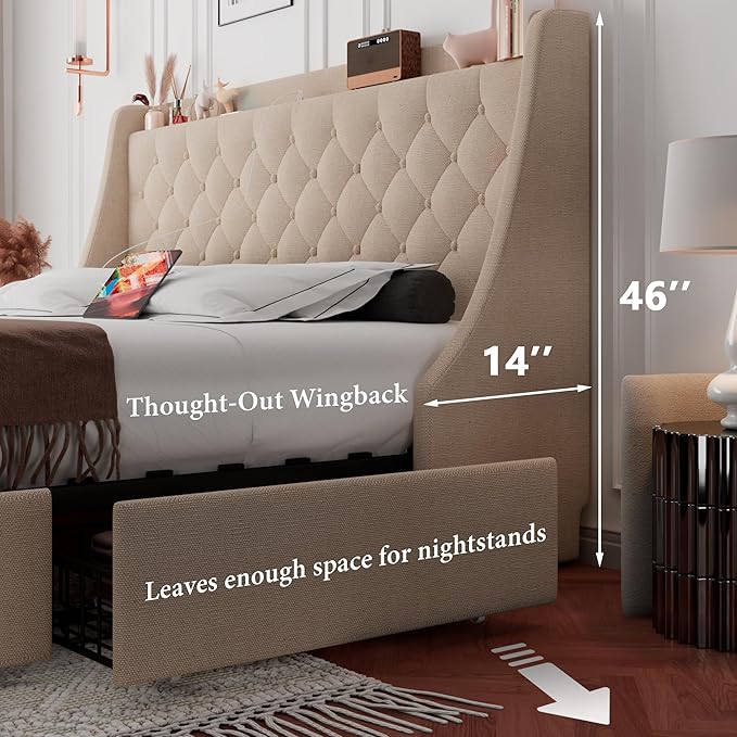 iPormis Full Size Bed Frame with 4 Storage Drawers, Upholstered Platform Bed Frame with Type-C & USB Ports, Wingback Storage Headboard, Solid Wood Slats, No Box Spring Needed, Beige