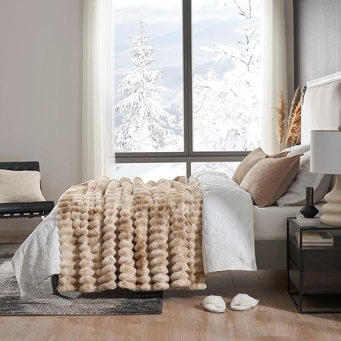 Cozy Bliss Faux Fur Throw Blanket for Couch, Cozy Warm Plush Striped Blanket for Sofa Bedroom Living Room, 60 * 80 Inches Tie-dye Khaki