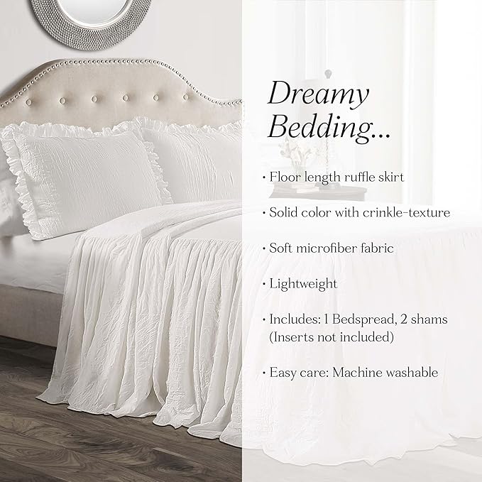 Lush Decor Ruffle Skirt Bedspread Set - 3-Piece Luxurious Farmhouse Bedding - Elegant Ruffle Detail - Timeless Style - Soft Lightweight Sheets - King, White