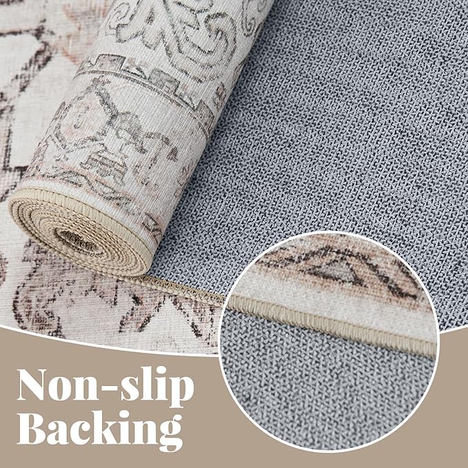 jinchan Lima Round Rug 8ft Vintage Machine Washable Area Rug Indoor Circle 8' Ultra-Thin Non-Slip Floral Print Carpet for Farmhouse Entryway Dining Room Living Room Bedroom Office (8'Round, Taupe)
