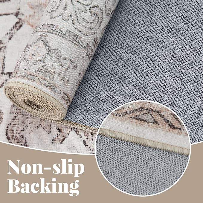 jinchan 8x10 Machine Washable Area Rugs for Living Room - Vintage Floral Stain Resistant Low Pile Ultra-Thin Non Slip Accent Rug for Bedroom Kitchen Dining Room Home Office (8x10ft,Taupe)