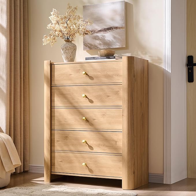 Modern 5 Drawer Dresser for Bedroom, Wooden Chest of Drawers with Curved Profile Design, 39.6" Tall Wood Dresser with Golden Metal Handle for Bedroom, Living Room, Hallway, Natural