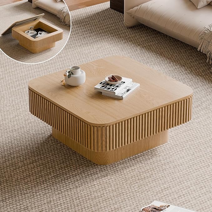 Square Small Coffee Table with Storage, Modern Wooden Coffee Table with Solid Wood Veneered, Fluted Center Table Drum Tea Table for Living Room Apartment, 31.5''L×31.5''W×14''H