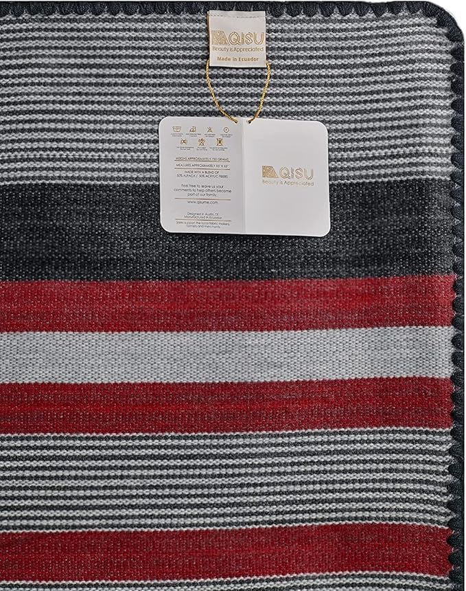 Qisu Alpaca Wool Blanket Throw | Queen, Beautiful, Warm, Stripes | 85 x 65 inches | Ultra-Soft, Hypoallergenic and Breathable | Non-Itchy or Scratchy Fabric (Red Grey Stripe)