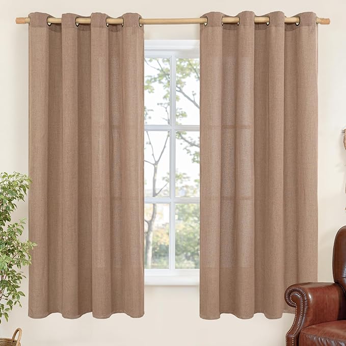 YoungsTex Mocha Brown Linen Curtains 68 Inch Length for Living Room Window, Light Filtering Drapes with Grommet Semi Sheer Rustic for Bedroom, 2 Panels, 52 X 68 Inch