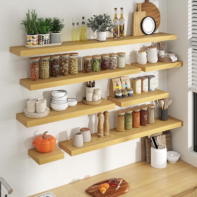 72 Inch Floating Shelves for Wall, 8 Inch Deep Floating Shelf for Storage & Display, Rustic Wall Mounted Shelf with Invisible Brackets for Living Room, Kitchen, Bathroom, Home Decor, Set of 2, Oak