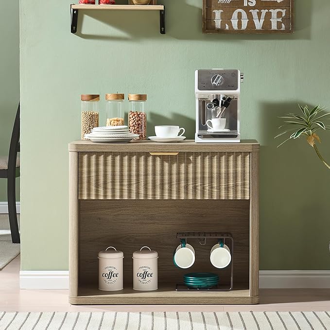 LEYAOYAO 31" Wide Fluted Nightstand with Charging Station, Oversized Extra Large 1 Drawer Night Stand with Golden Handle, Grey Wood Bedside Table Tall End Tables,for Bedroom, Living Room, Hallway
