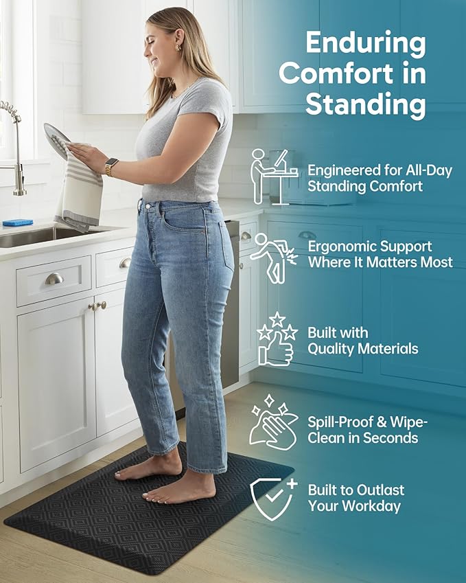 Ophanie Kitchen Mats for Floor, 3/4 inch Thick, 17x28 Anti Fatigue Cushioned Mat, Kitchen Rugs, Waterproof, Comfort Ergonomic Standing Mat for Office, Home, Sink, Black Non-Slip Ridged Bottom