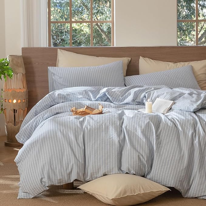 MooMee Striped Duvet Cover Set 100% Washed Cotton Linen Like Textured Breathable Durable Soft Comfy (Cornflower Blue White Wide Stripes, Super King 108"x98")