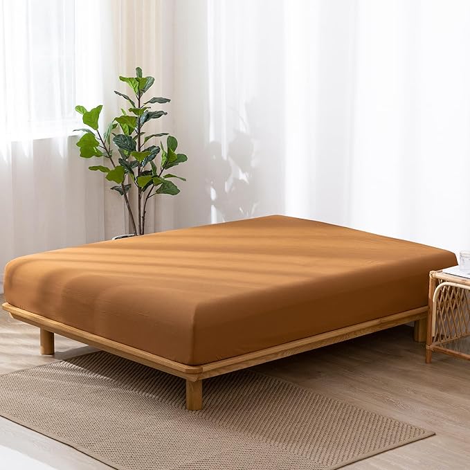 MooMee Fitted Bottom Sheet Only 100% Washed Cotton Linen Like Textured Breathable Durable Soft Comfy Deep Pocket Fits Mattress up to 17" (Dark Orange, King)