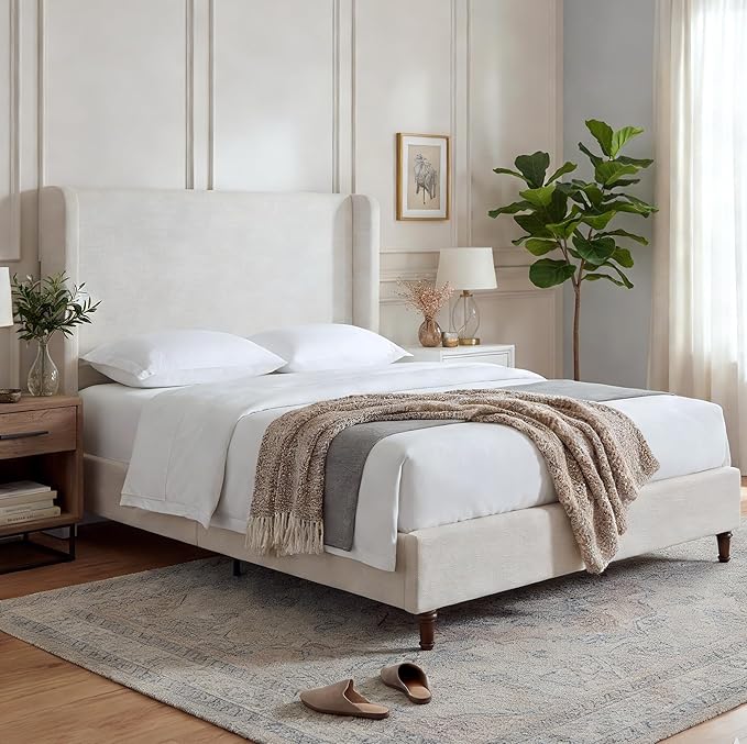 Harper Upholstered Bed with 54" Tall Headboard - Wingback Chenille Platform Bed Frame, Solid Wood Feet, Sturdy Metal Base, Easy Assembly (Textured Ivory, King (U.S. Standard))